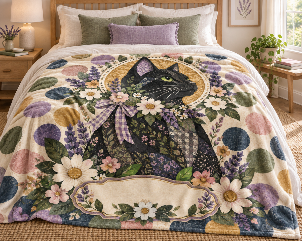 Wildflower Crown Black Cat Name Blanket on a made bed