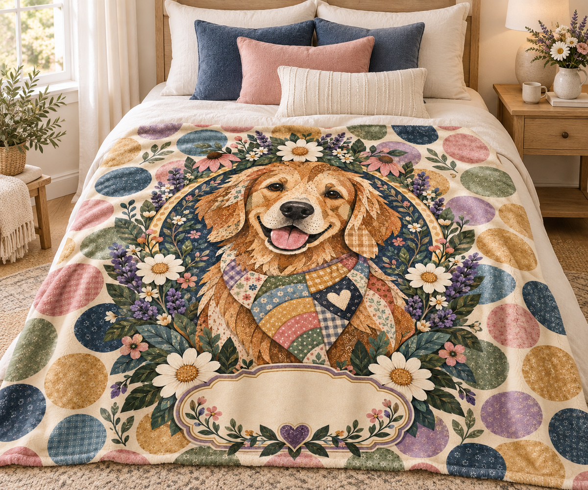Patchwork Scarf Golden Retriever Name Blanket on a made bed