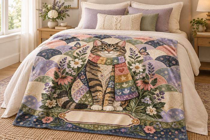 Patchwork Scarf Tabby Cat Name Blanket on a made bed