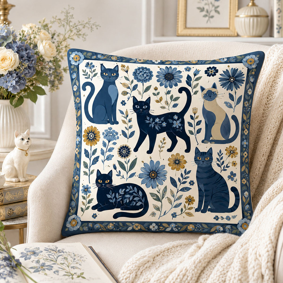PawMoM indigo folk cats cushion cover set