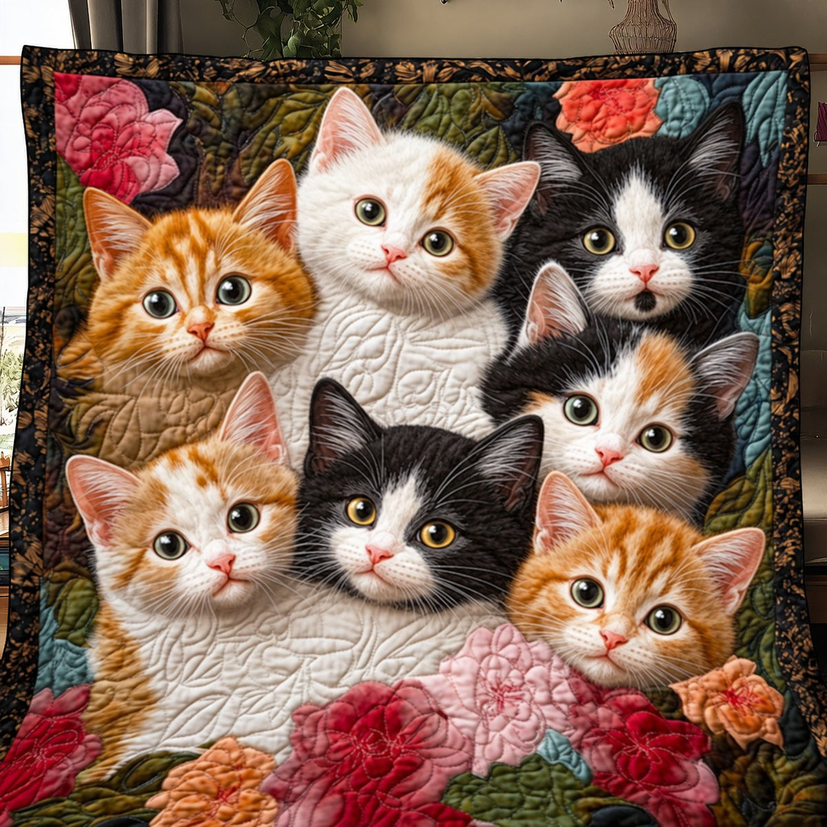 Kitten Bouquet quilt – quilt of wide-eyed ginger, white and tuxedo kittens surrounded by pink roses