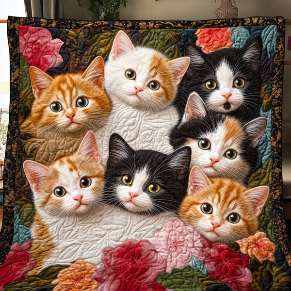 Kitten Bouquet quilt – quilt of wide-eyed ginger, white and tuxedo kittens surrounded by pink roses