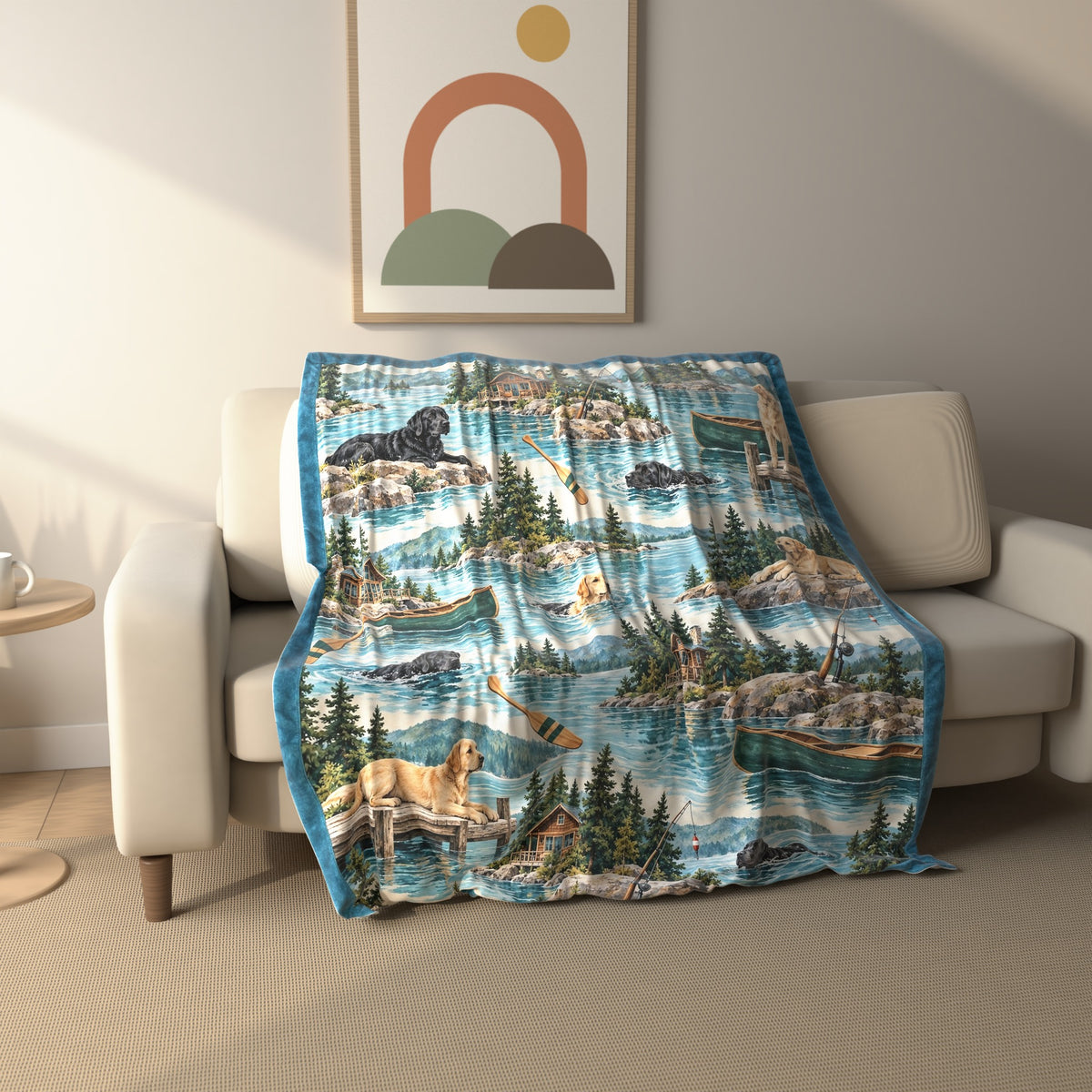 Lake House Labradors fleece throw blanket draped over a sofa