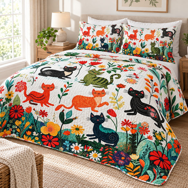 Meadow Play Cats quilt set – quilt and two matching shams on a queen bed in a bright neutral bedroom