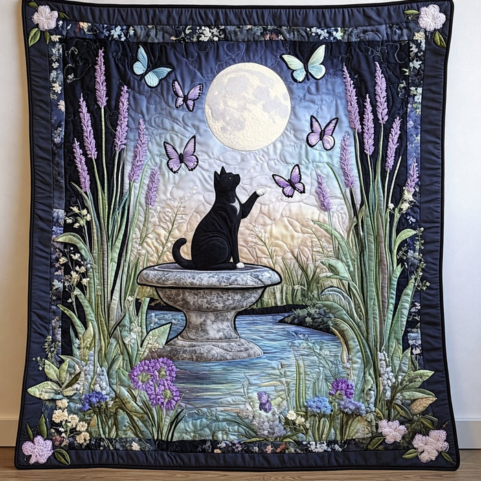 Moonlit Garden Black Cat quilt – quilt of a black cat on a garden birdbath under a full moon with lavender and butterflies