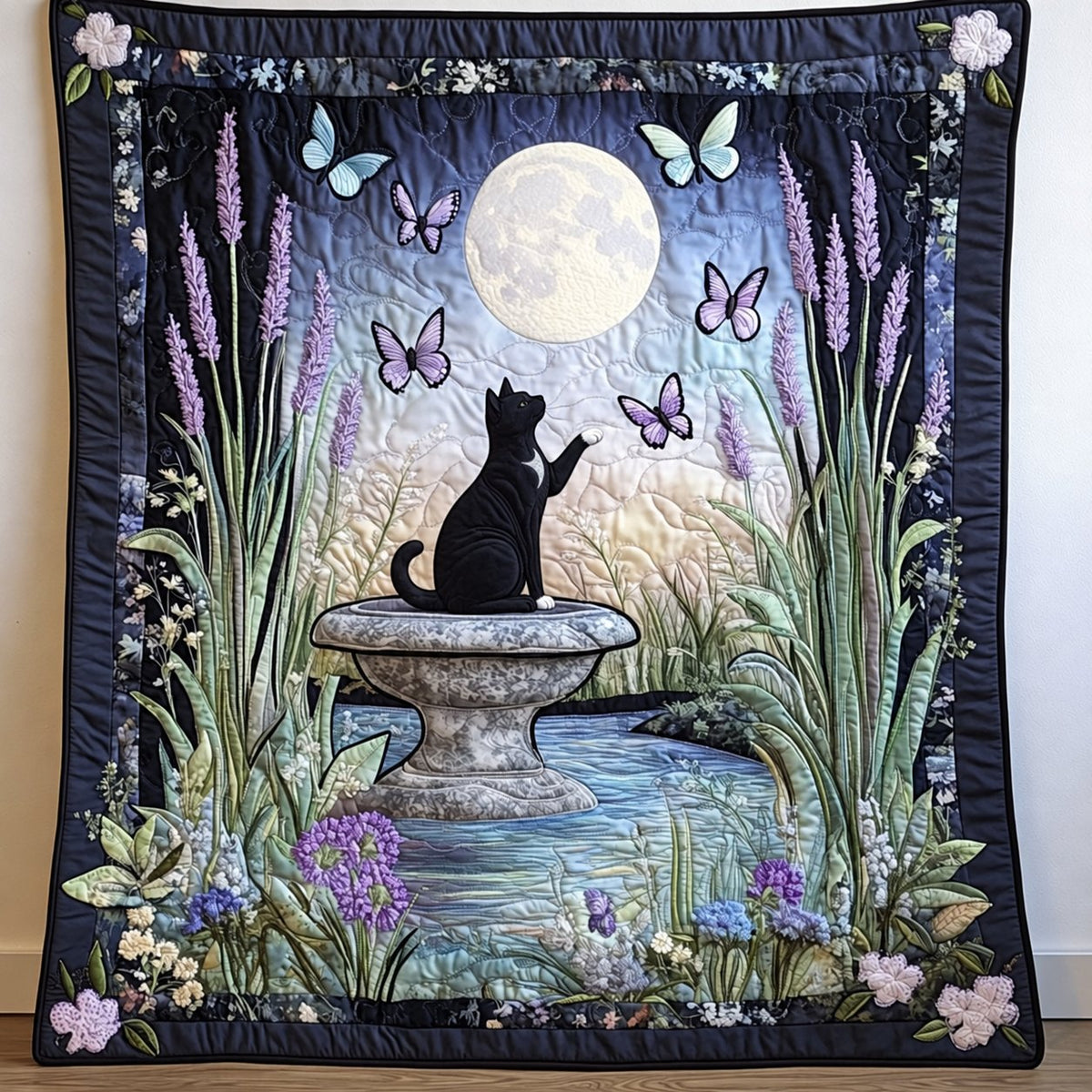 Moonlit Garden Black Cat quilt – quilt of a black cat on a garden birdbath under a full moon with lavender and butterflies