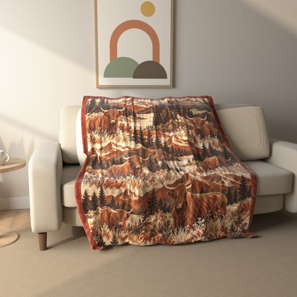 Mountain Boho Highland Cow fleece throw blanket draped over a sofa