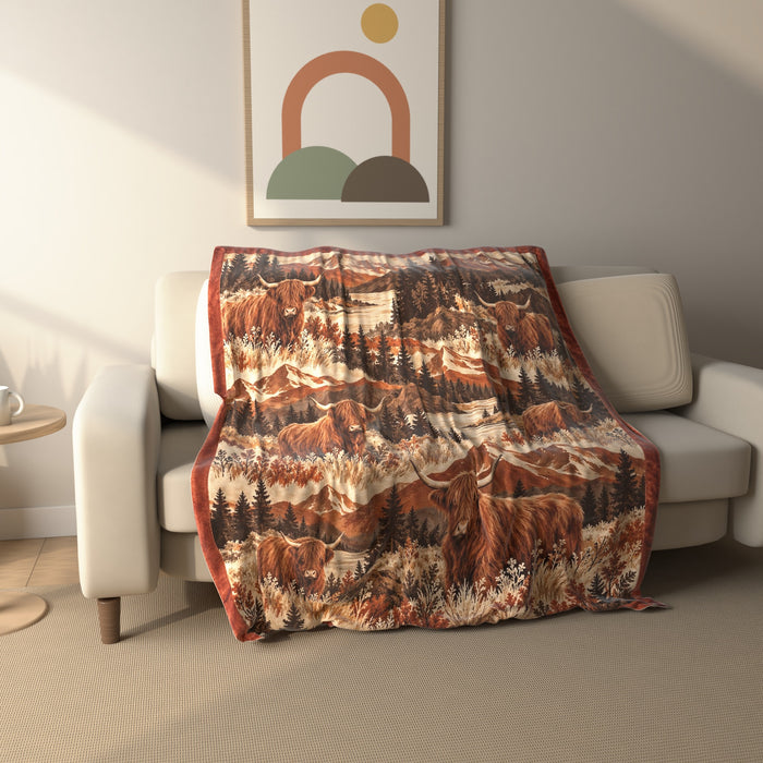 Mountain Boho Highland Cow fleece throw blanket draped over a sofa
