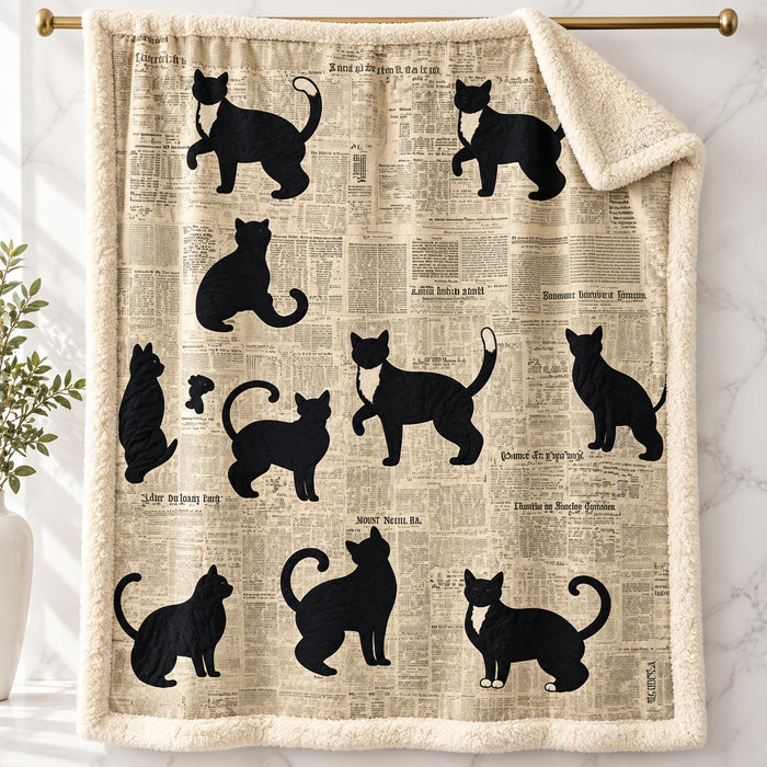 Newsprint Black Cats sherpa fleece blanket – printed flannel front with plush cream sherpa back, hanging on a gold rod