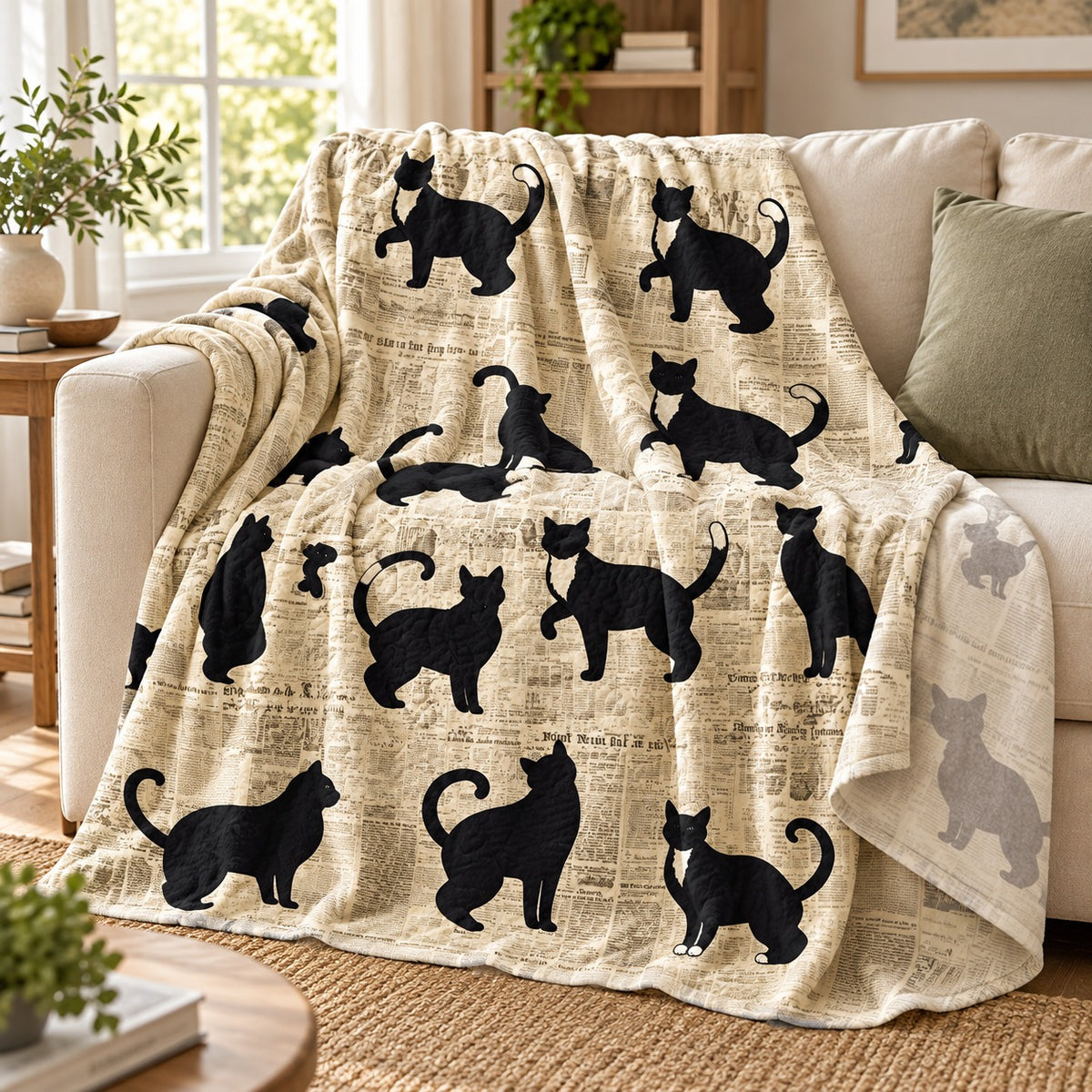 Newsprint Black Cats throw blanket – lightweight printed flannel fleece draped over a cream sofa