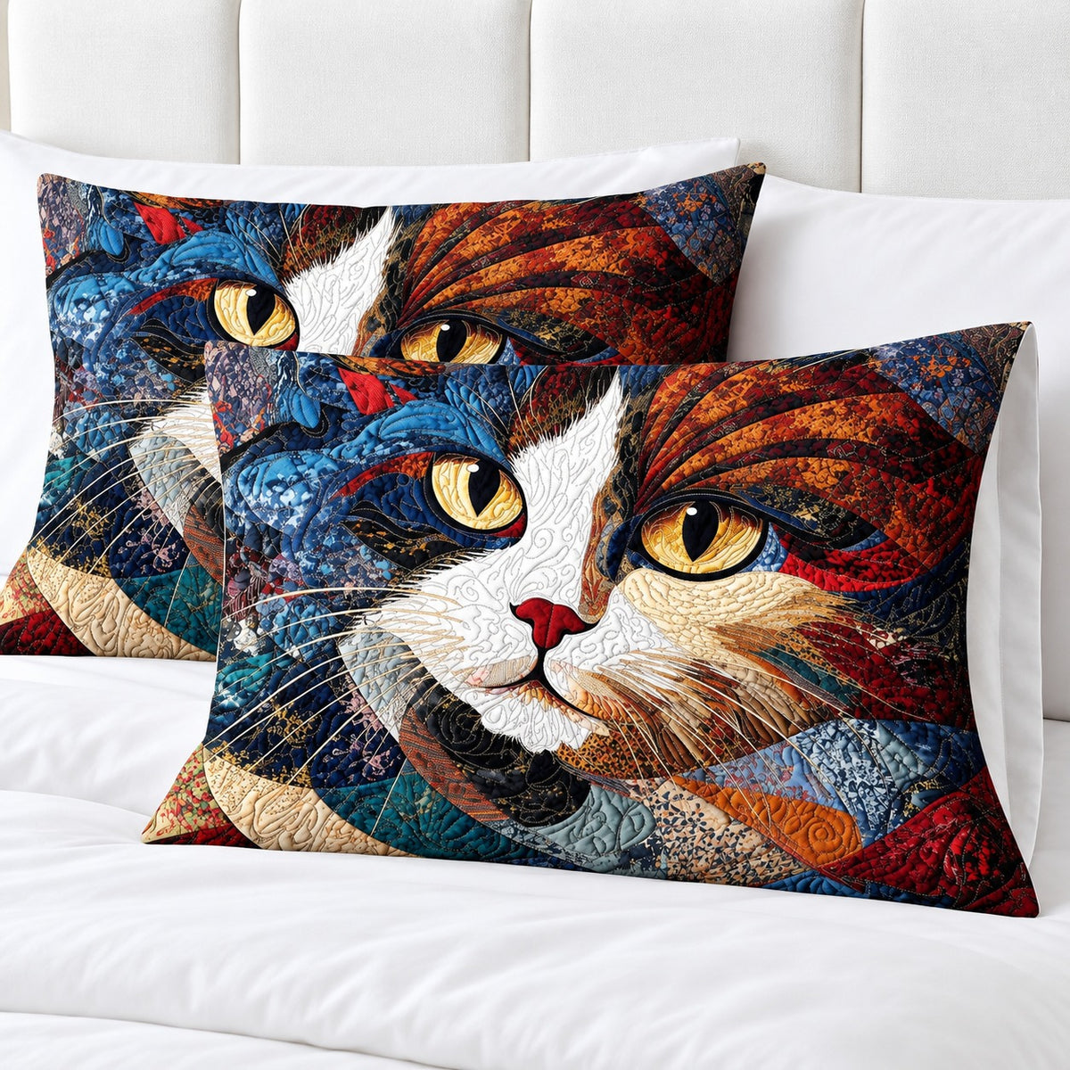 Patchwork Calico Portrait pillowcases – set of two printed envelope pillowcases on a white bed