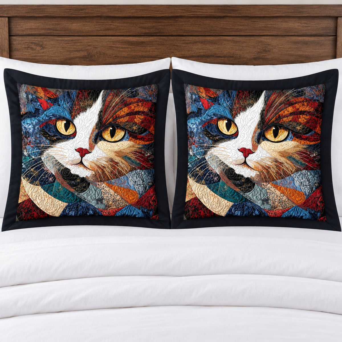 Patchwork Calico Portrait pillow shams – set of two flanged shams against a wooden headboard