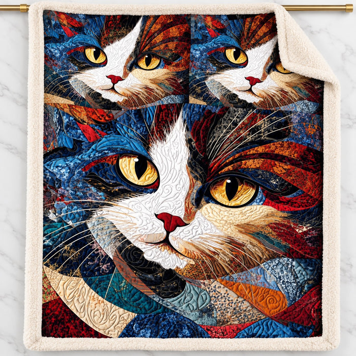 Patchwork Calico Portrait sherpa fleece blanket – printed flannel front with plush cream sherpa back, hanging on a gold rod