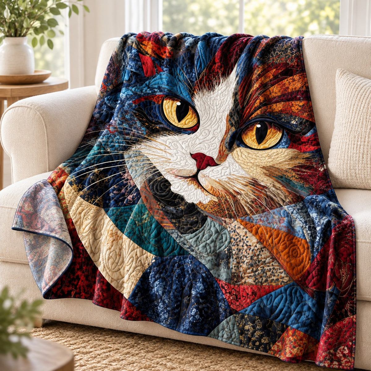 Patchwork Calico Portrait throw blanket – lightweight printed flannel fleece draped over a cream sofa