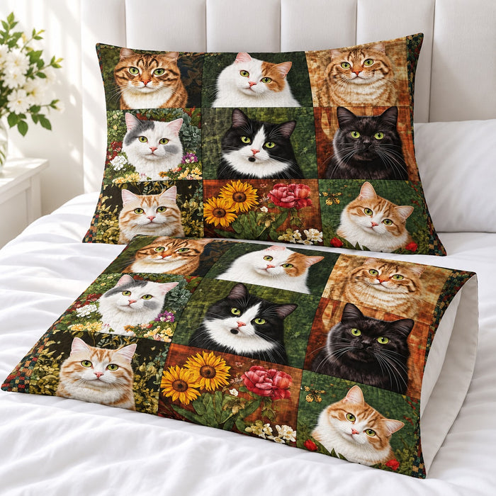 Patchwork Cat Portraits pillowcases – set of two printed envelope pillowcases on a white bed
