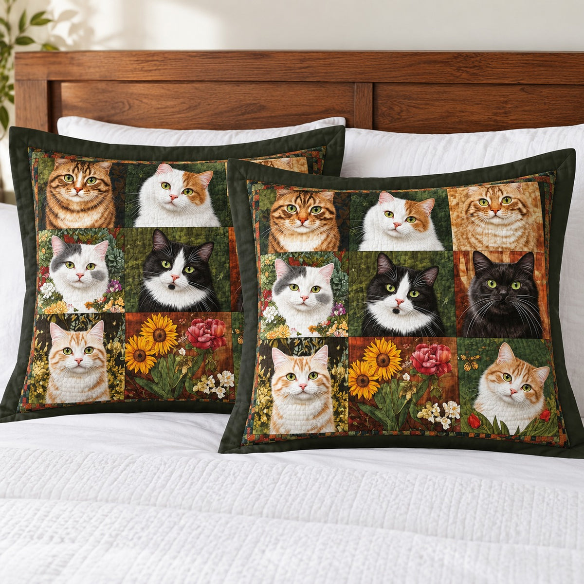 Patchwork Cat Portraits pillow shams – set of two flanged shams against a wooden headboard