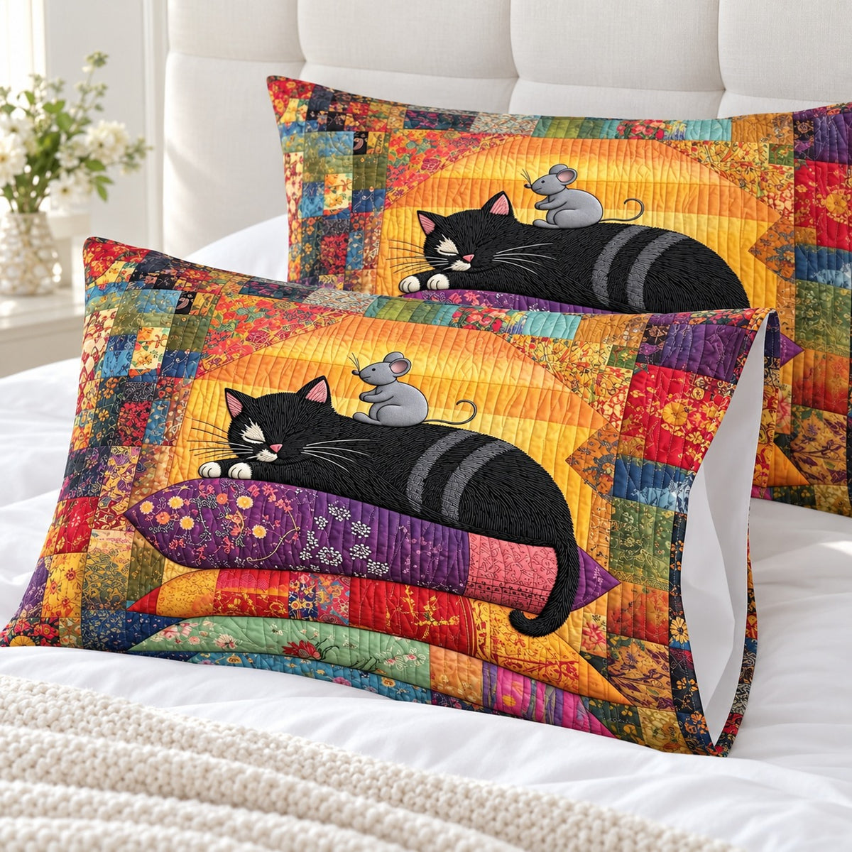 Patchwork Pillow Black Cat pillowcases – set of two printed envelope pillowcases on a white bed