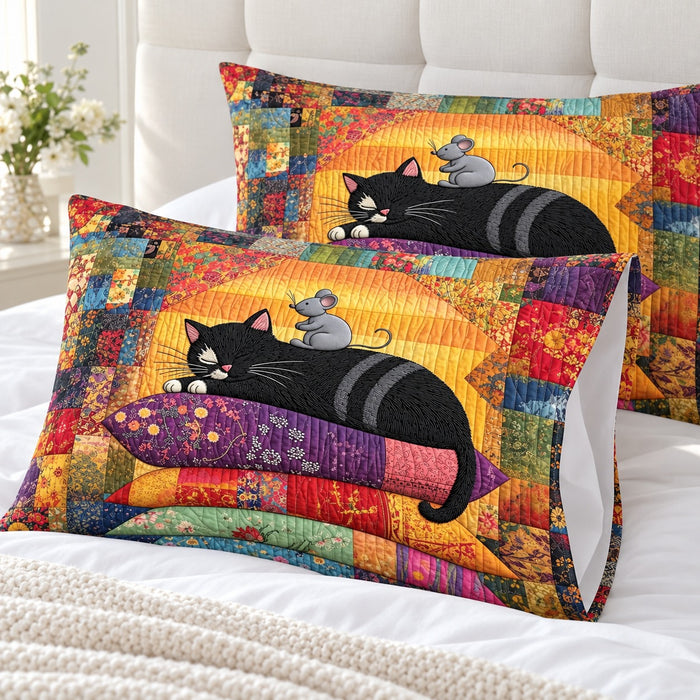 Patchwork Pillow Black Cat pillowcases – set of two printed envelope pillowcases on a white bed
