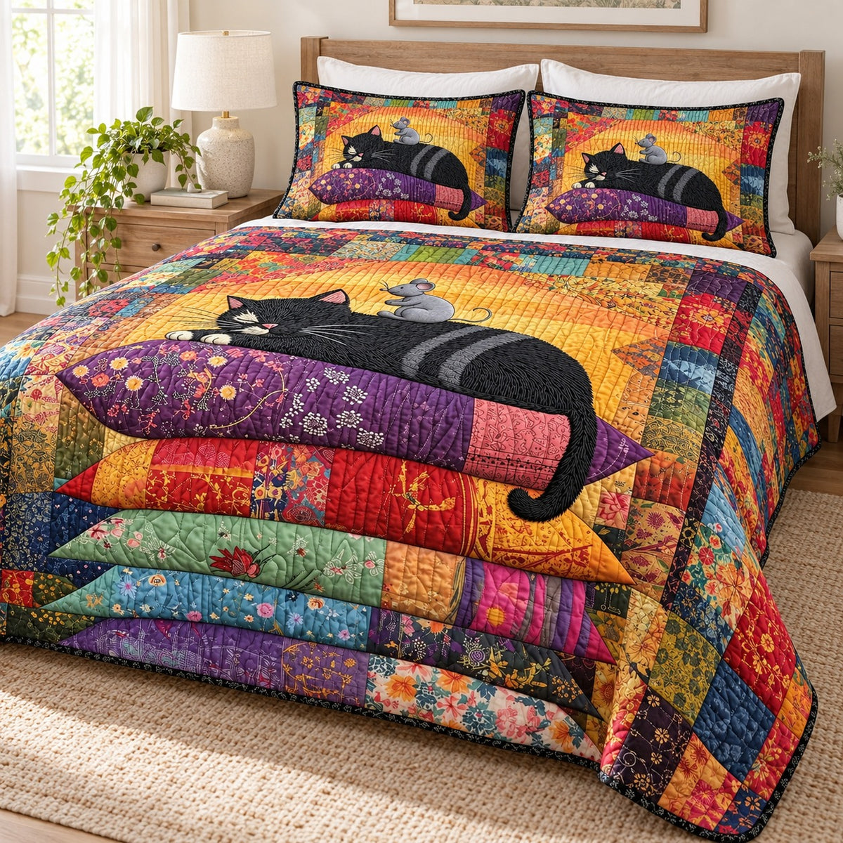 Patchwork Pillow Black Cat quilt set – quilt and two matching shams on a queen bed in a bright neutral bedroom