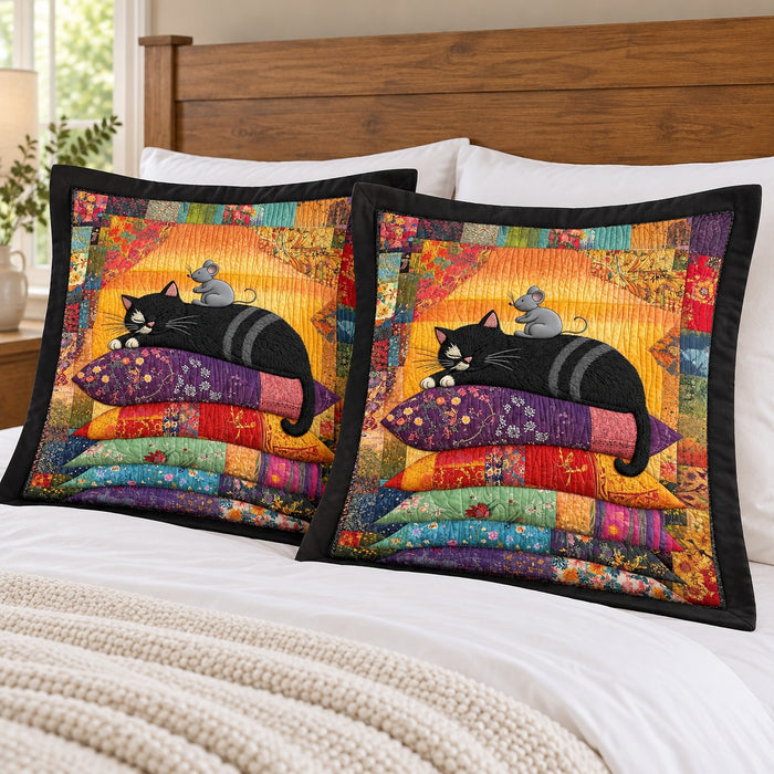 Patchwork Pillow Black Cat pillow shams – set of two flanged shams against a wooden headboard