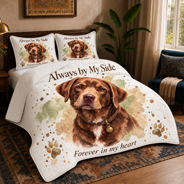 Always by My Side quilt set on a made bed — quilt with two matching pillow shams. A soft watercolour portrait of the dog you are still not over.