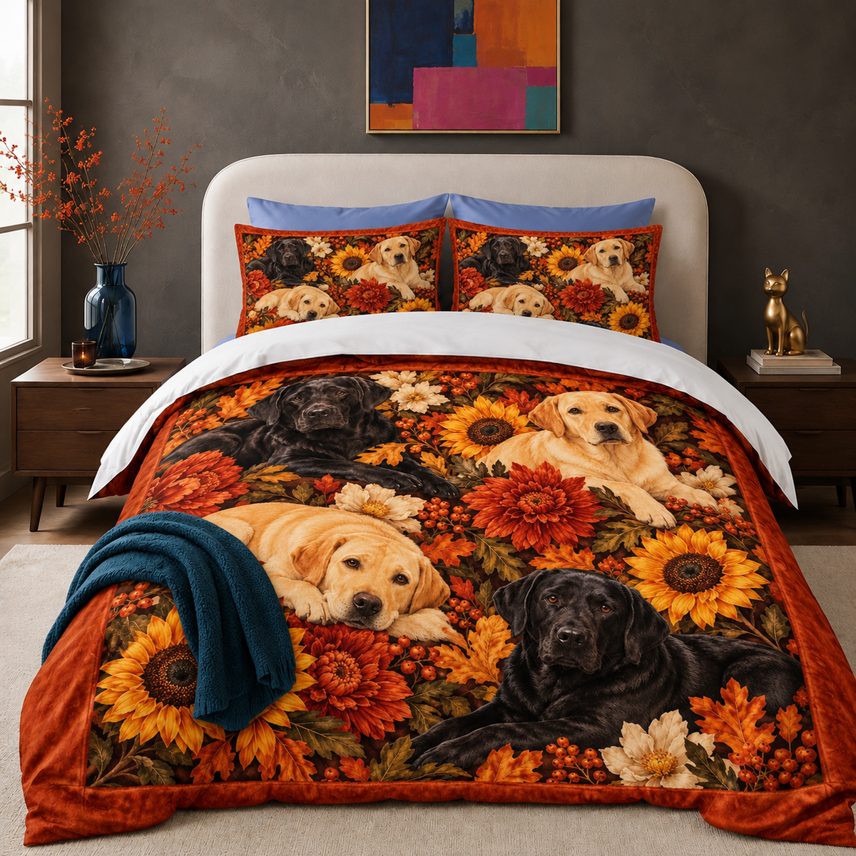 Autumn Floral Labradors comforter set on a made bed with two matching shams — plush Labrador bedding with black and yellow Labs among sunflowers, chrysanthemums and autumn leaves on a rust border