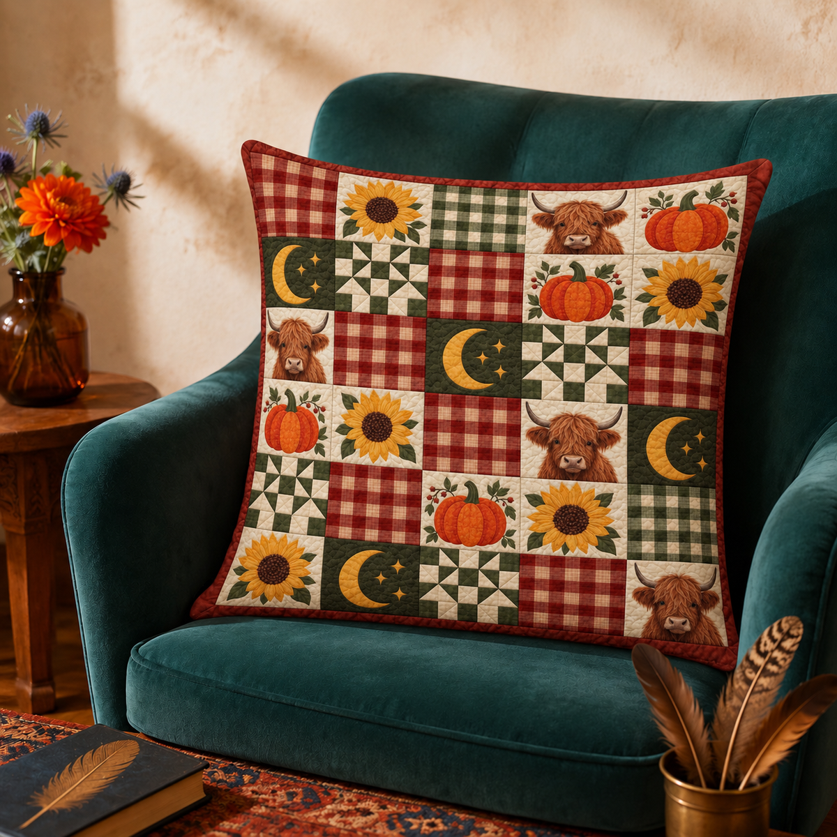 Autumn Plaid Highland Cow Patchwork cushion cover on a green velvet armchair — plaid patchwork with pumpkins, sunflowers and highland cow faces