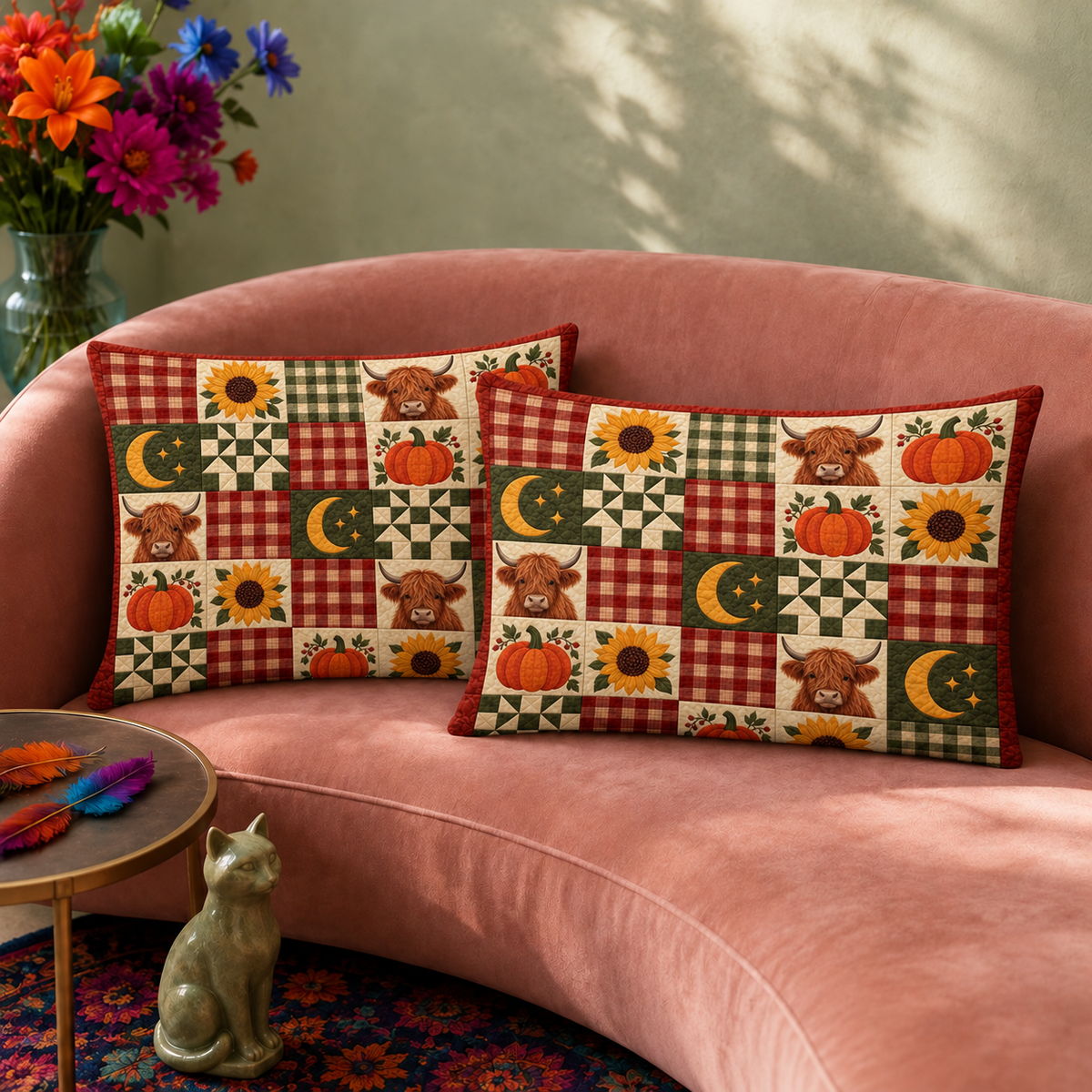 Autumn Plaid Highland Cow Patchwork pillowcase set — two printed pillowcases on a sofa, plaid patchwork with pumpkins, sunflowers and highland cow faces