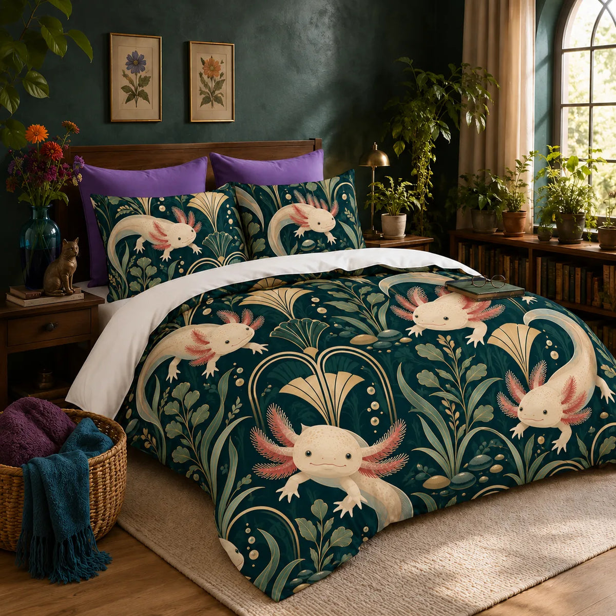 Art Deco Axolotl duvet cover set — cream axolotls among gold art deco fans, arches and sage leaves on deep teal