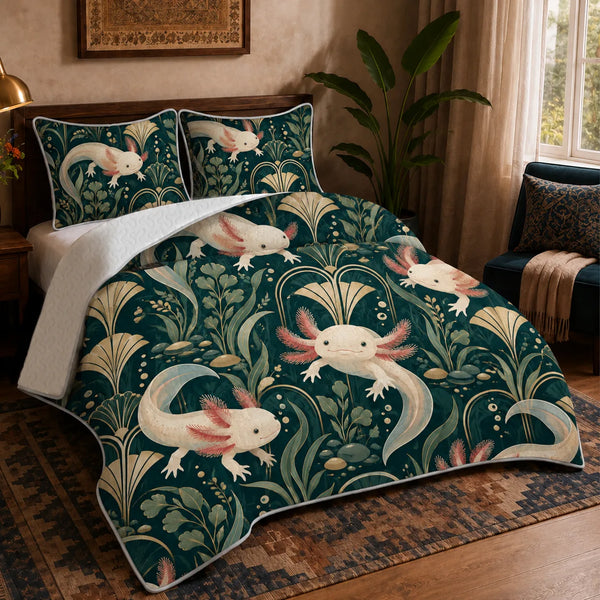 Art Deco Axolotl quilt set — cream axolotls among gold art deco fans, arches and sage leaves on deep teal