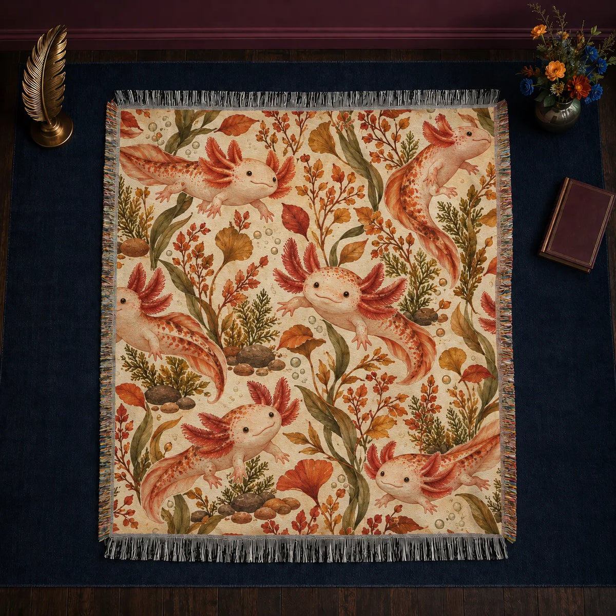 Autumn Copper Axolotl woven throw blanket — peach axolotls among copper, rust and gold leaves, ginkgo and pebbles on cream