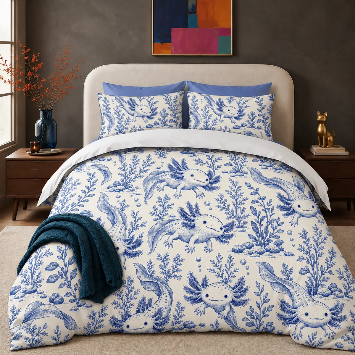 Blue Toile Axolotl comforter set — blue toile axolotls among water plants, river stones and bubbles on cream