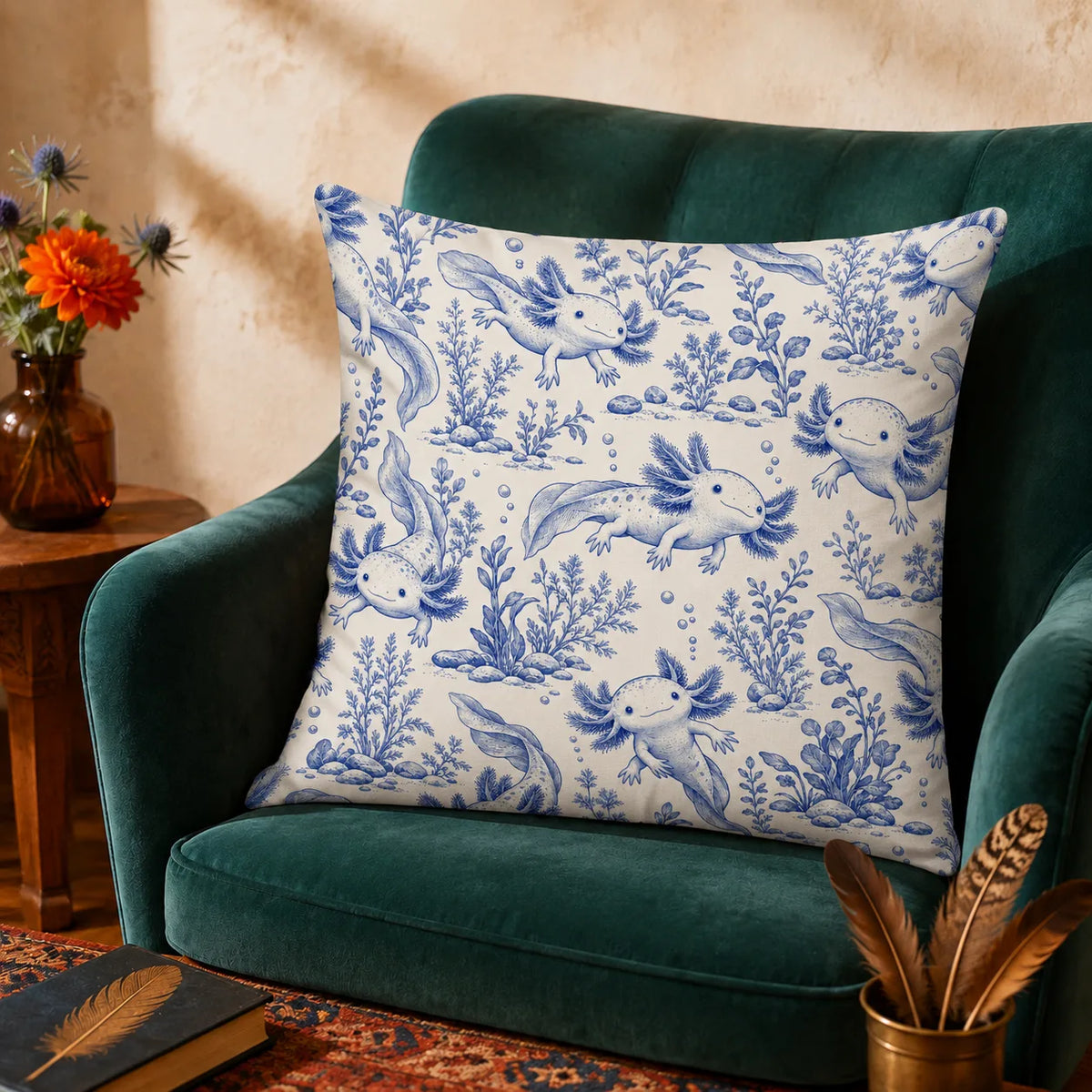 Blue Toile Axolotl cushion cover set — blue toile axolotls among water plants, river stones and bubbles on cream