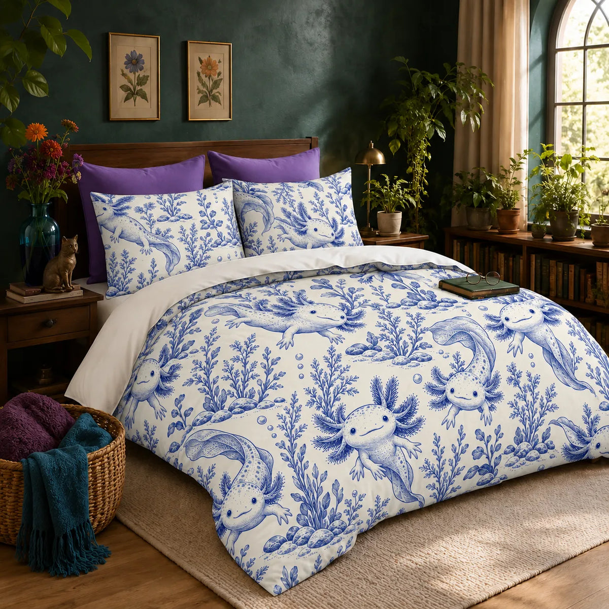 Blue Toile Axolotl duvet cover set — blue toile axolotls among water plants, river stones and bubbles on cream