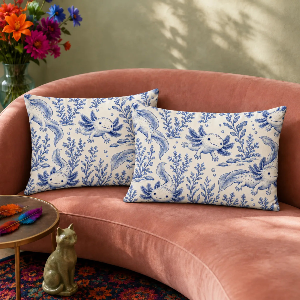 Blue Toile Axolotl pillowcase set — blue toile axolotls among water plants, river stones and bubbles on cream
