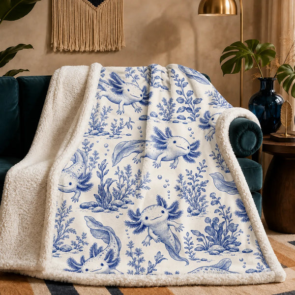 Blue Toile Axolotl sherpa blanket — blue toile axolotls among water plants, river stones and bubbles on cream