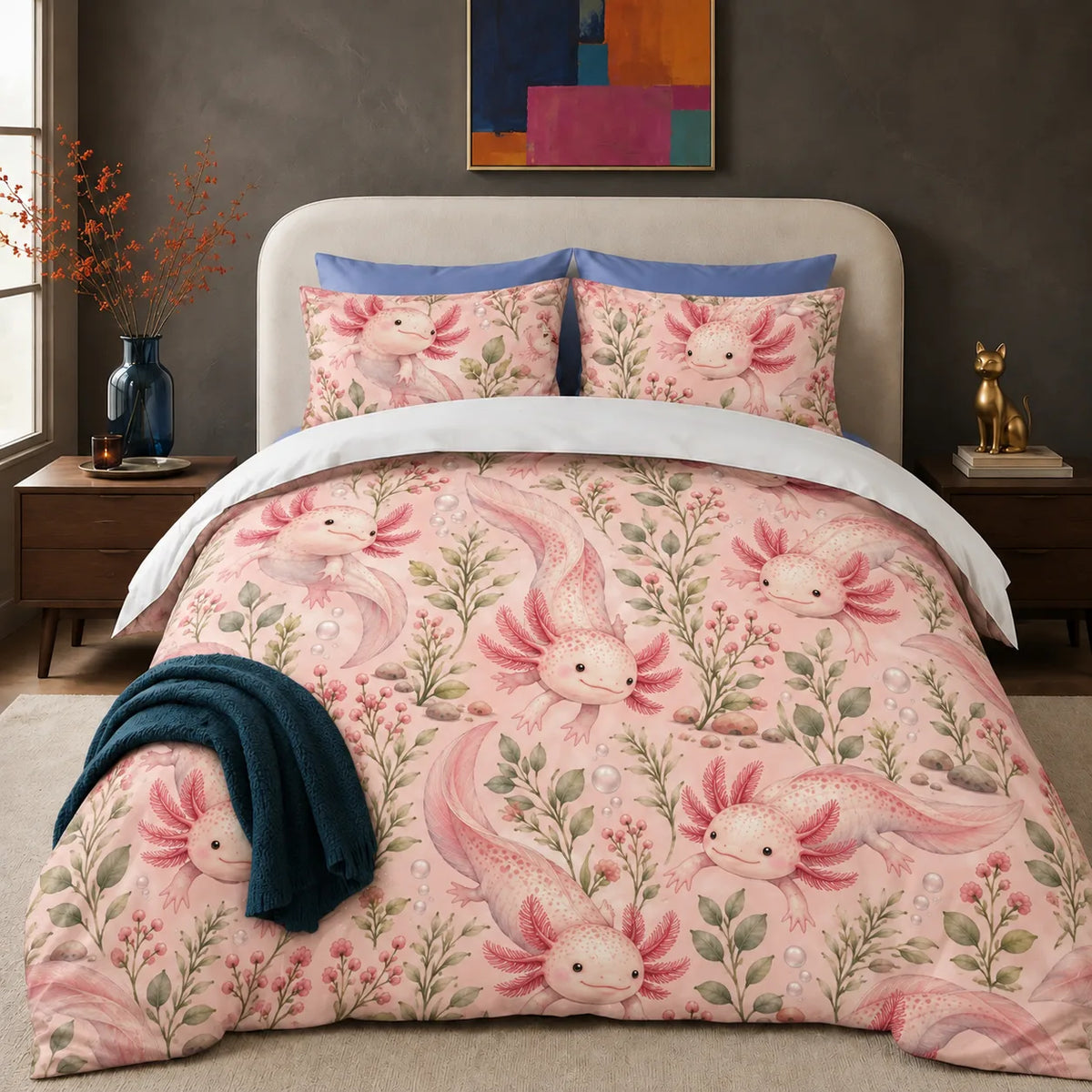 Blush Meadow Axolotl comforter set — pink axolotls with sage stems, pink berry sprigs and pebbles on blush pink