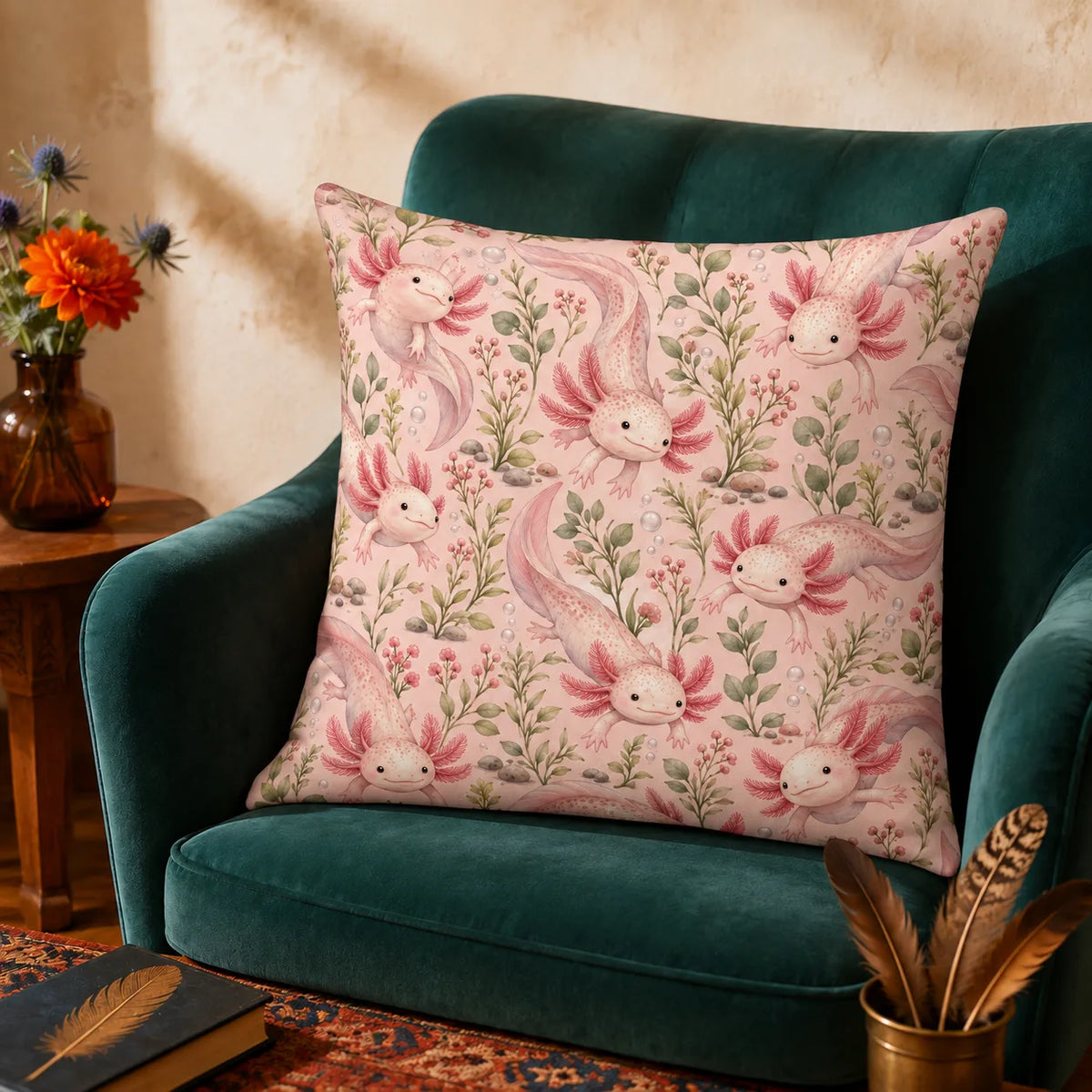 Blush Meadow Axolotl cushion cover set — pink axolotls with sage stems, pink berry sprigs and pebbles on blush pink