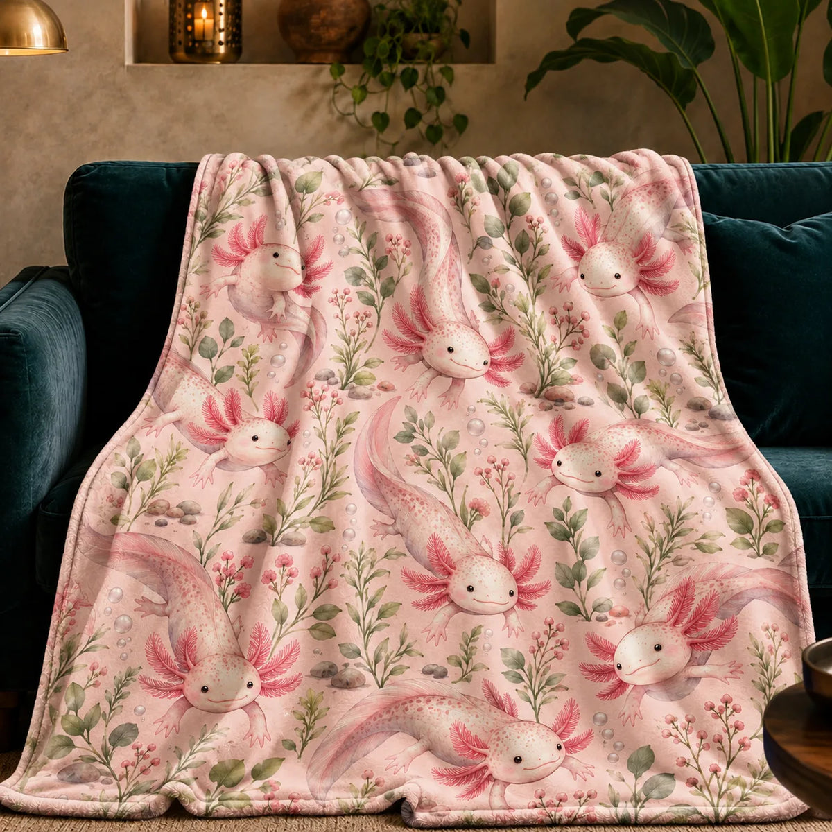 Blush Meadow Axolotl fleece throw blanket — pink axolotls with sage stems, pink berry sprigs and pebbles on blush pink