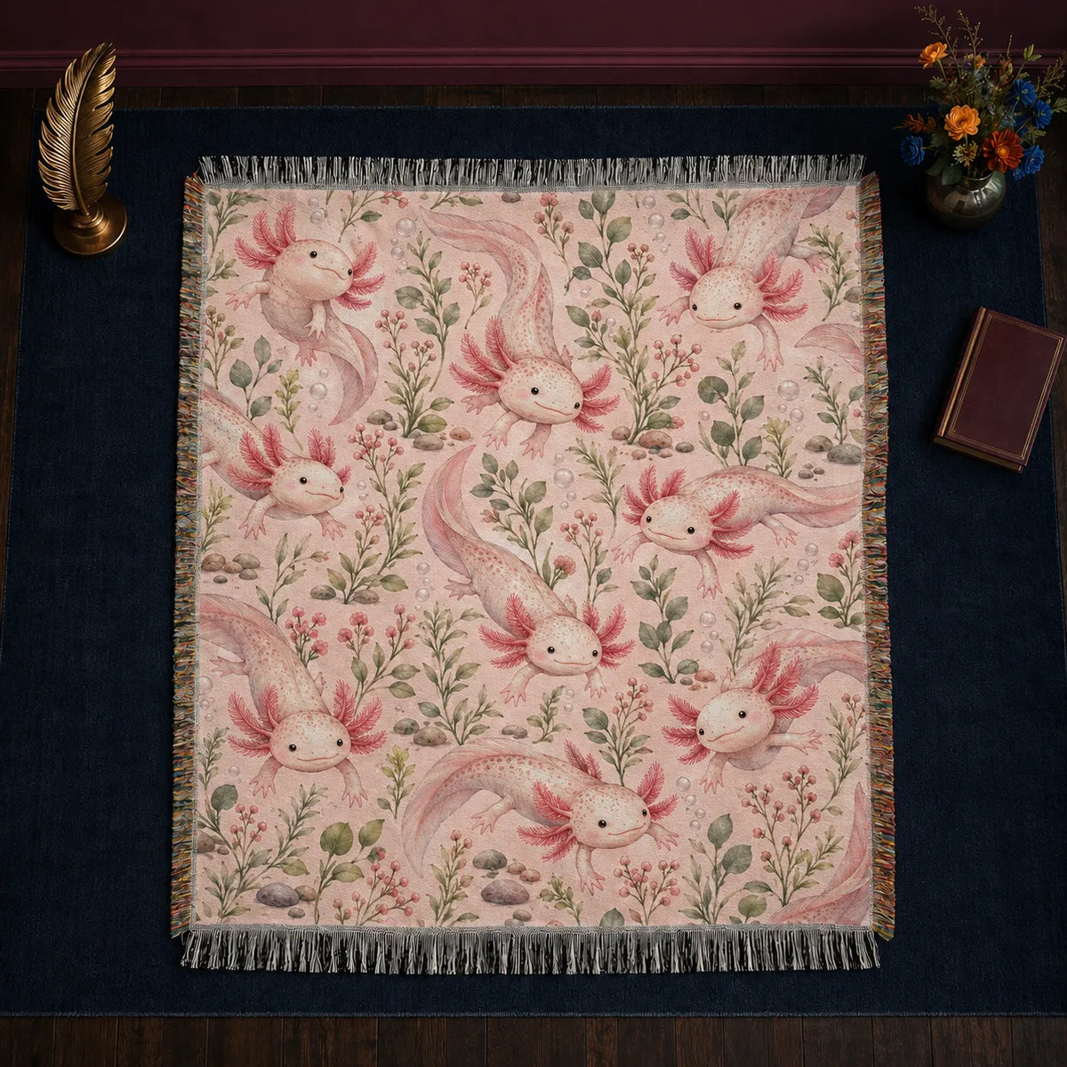 Blush Meadow Axolotl woven throw blanket — pink axolotls with sage stems, pink berry sprigs and pebbles on blush pink