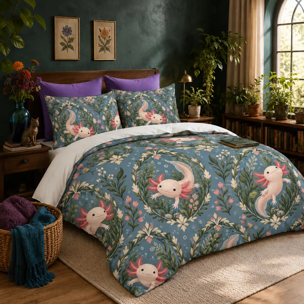 Botanical Medallions Axolotl duvet cover set — blush axolotls inside green leaf medallions with pink buds on dusty slate blue