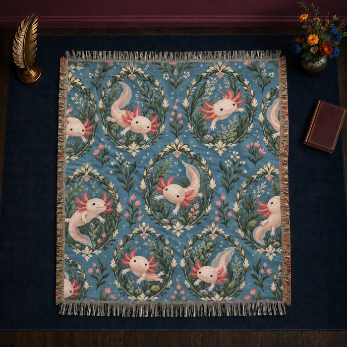 Botanical Medallions Axolotl woven throw blanket — blush axolotls inside green leaf medallions with pink buds on dusty slate blue