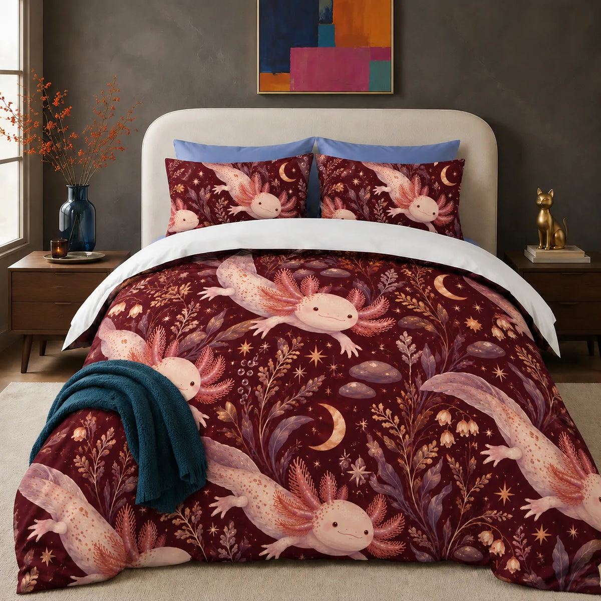 Burgundy Night Axolotl comforter set — pink axolotls with gold crescent moons, stars and mauve leaves on deep burgundy