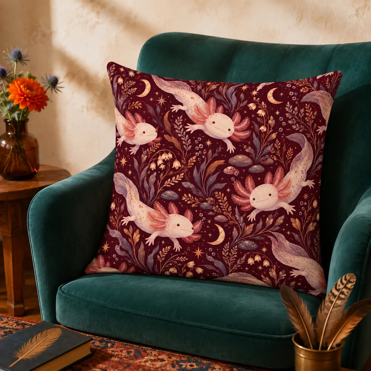 Burgundy Night Axolotl cushion cover set — pink axolotls with gold crescent moons, stars and mauve leaves on deep burgundy