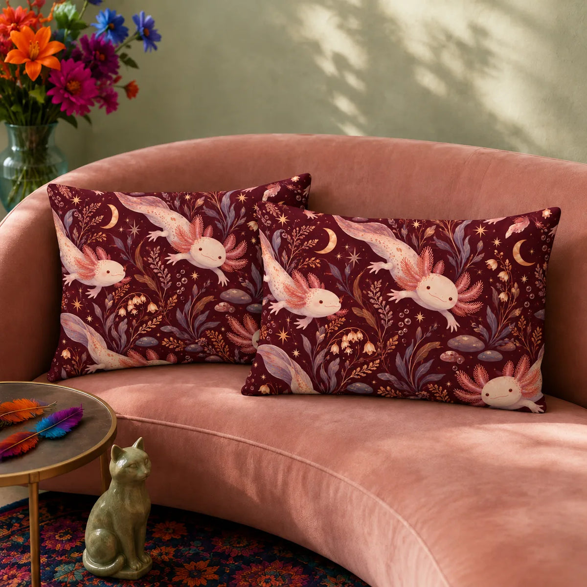 Burgundy Night Axolotl pillowcase set — pink axolotls with gold crescent moons, stars and mauve leaves on deep burgundy
