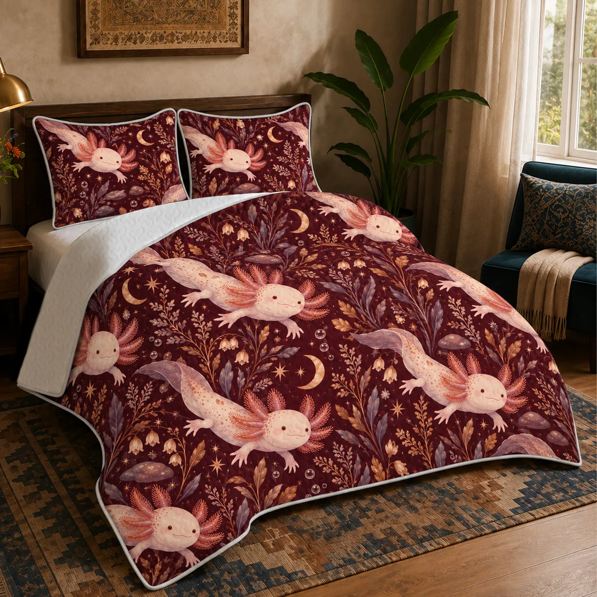 Burgundy Night Axolotl quilt set — pink axolotls with gold crescent moons, stars and mauve leaves on deep burgundy