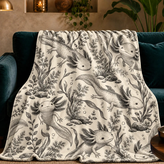 Charcoal Engraving Axolotl fleece throw blanket — charcoal gray etched axolotls among ferns, seaweed and rocks on cream