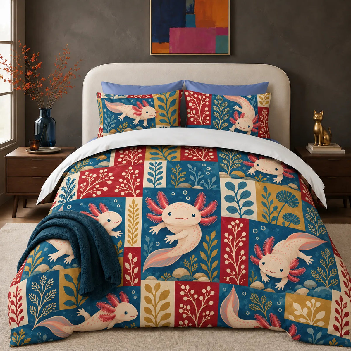 Heirloom Patchwork Axolotl comforter set — cream axolotls over patchwork squares of blue, red and mustard folk sprigs