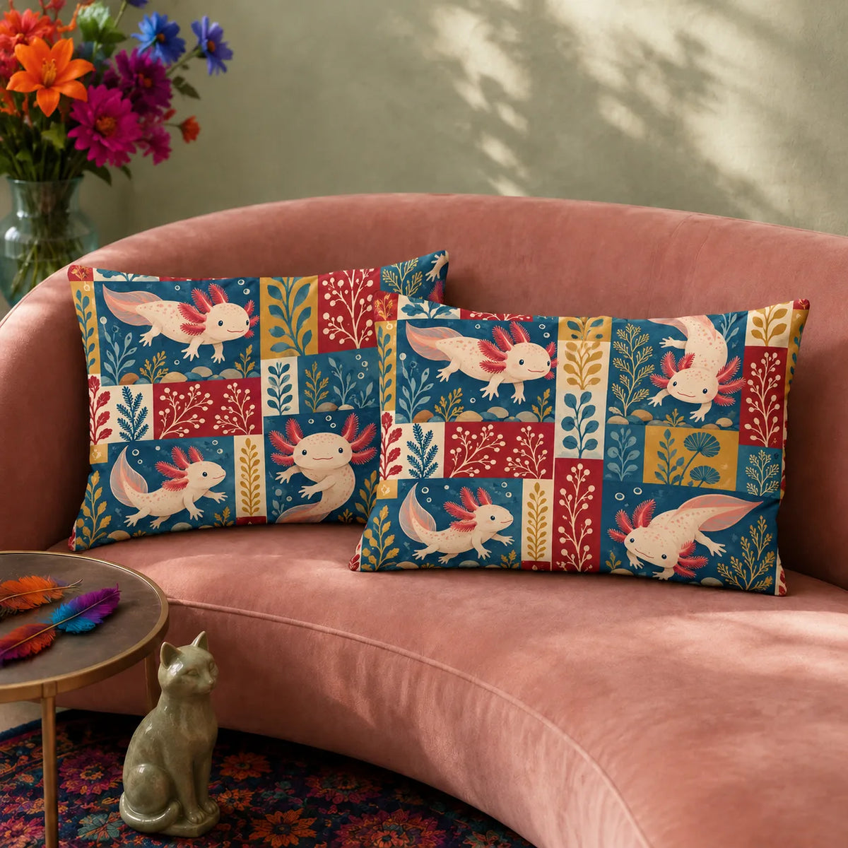 Heirloom Patchwork Axolotl pillowcase set — cream axolotls over patchwork squares of blue, red and mustard folk sprigs