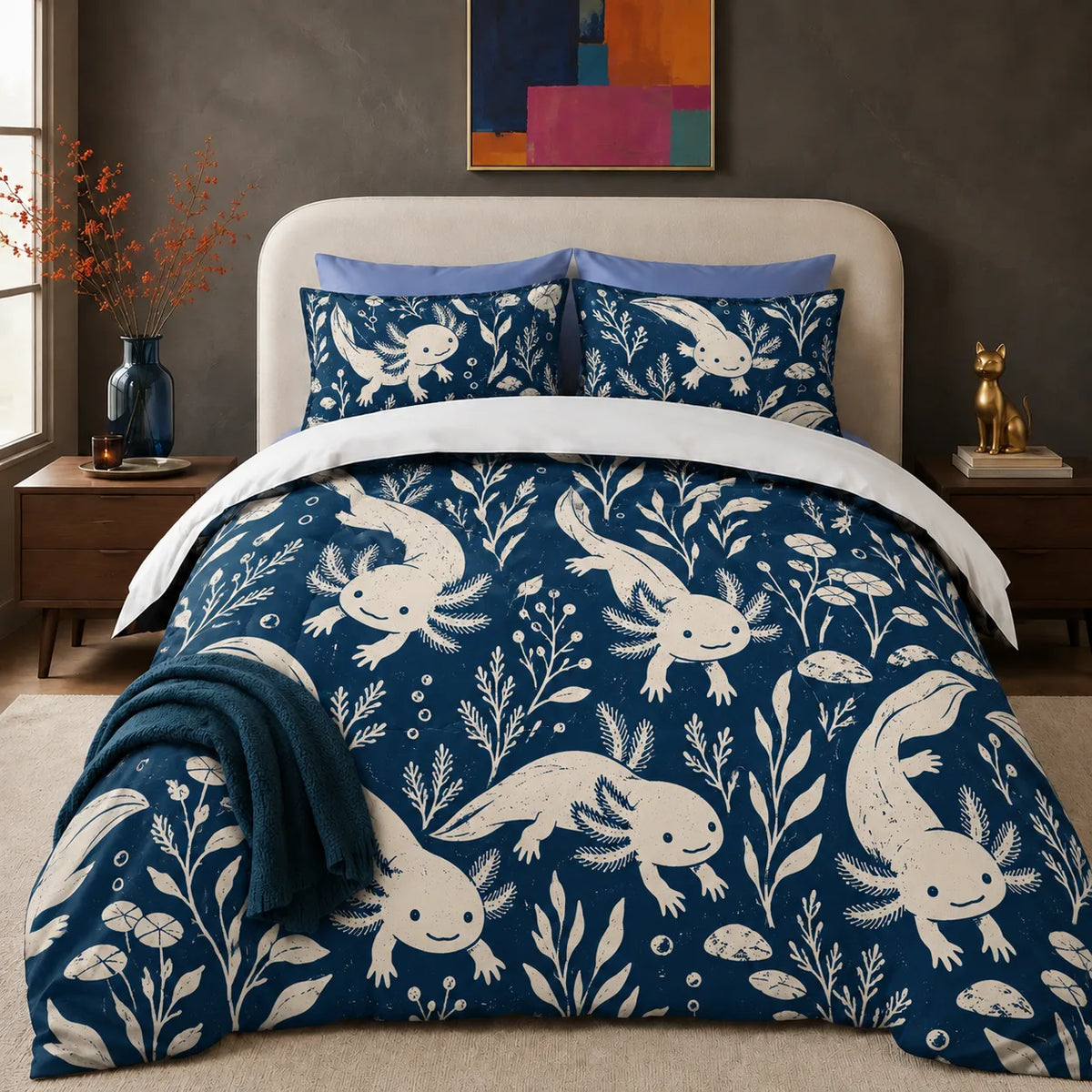 Indigo Block Print Axolotl comforter set — cream axolotls with seaweed sprigs, lily pads and bubbles on deep indigo blue